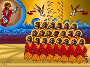 Internet screenshot of an icon of the recently  martyred 21 Egyptian Coptic Christians by ISIS terrorists in Libya. Each refused to deny Jesus. (Image source: "Facing Islam" website)