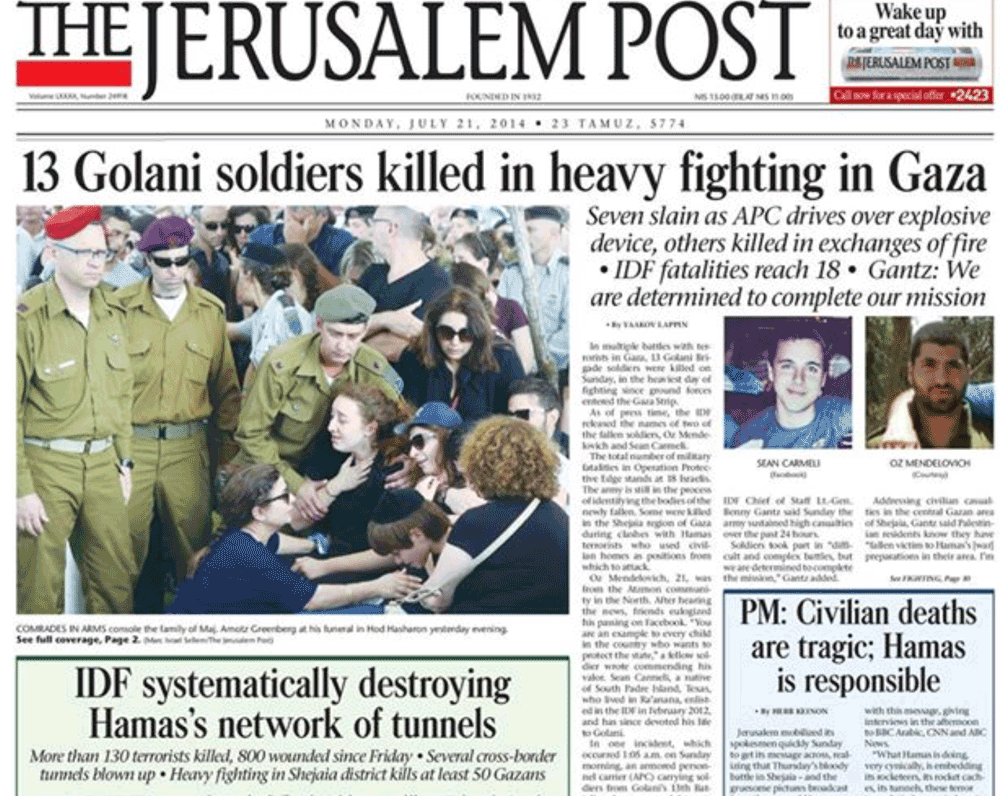 Monday 21 July 2014 front page The Jerusalem Post