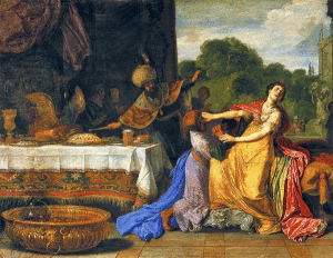 Purim Scene: Wicked Haman begs Queen Esther for mercy by Dutch painter Pieter Lastman (1583–1633)