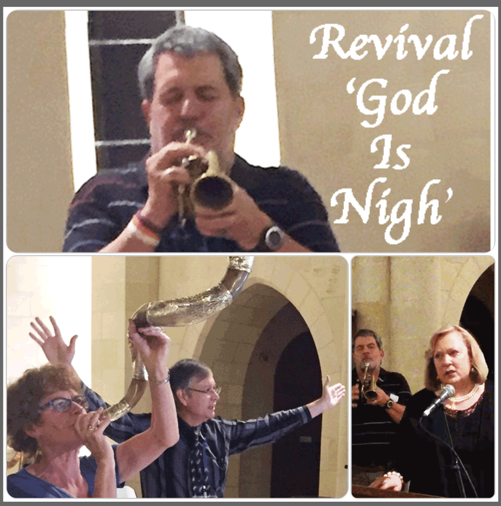 The trumpeter of the Lord, David Bogenrief, Bob O'Dell of Root Source and Christine Darg, Jerusalem Channel along with shofar blower in Old City Passover Conference Service at Christ Church